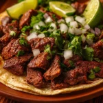 Taco Achiote Beef served with fresh toppings on corn tortillas.