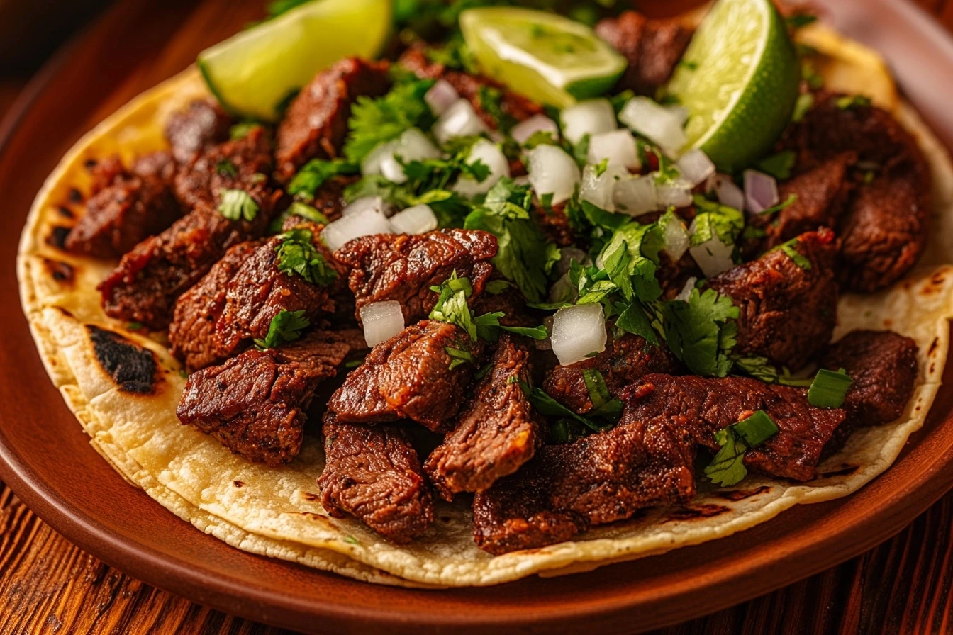 Taco Achiote Beef served with fresh toppings on corn tortillas.