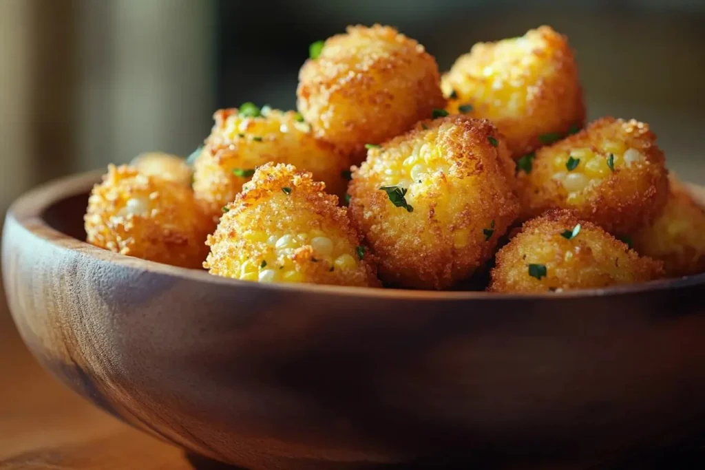 Golden, crispy corn nuggets served on a rustic wooden plate with a dipping sauce