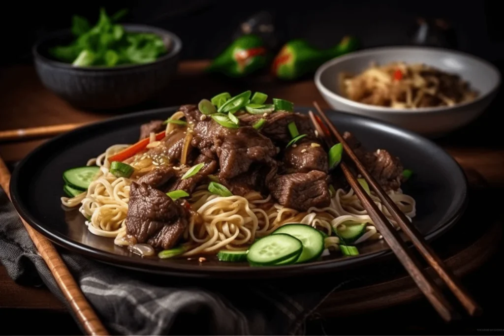 Beef chop suey served with noodles