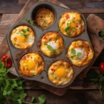 Golden-baked egg muffins in muffin tin on rustic table