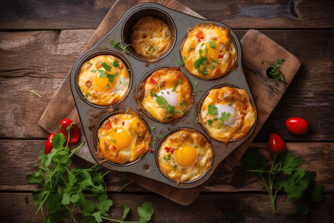 Golden-baked egg muffins in muffin tin on rustic table
