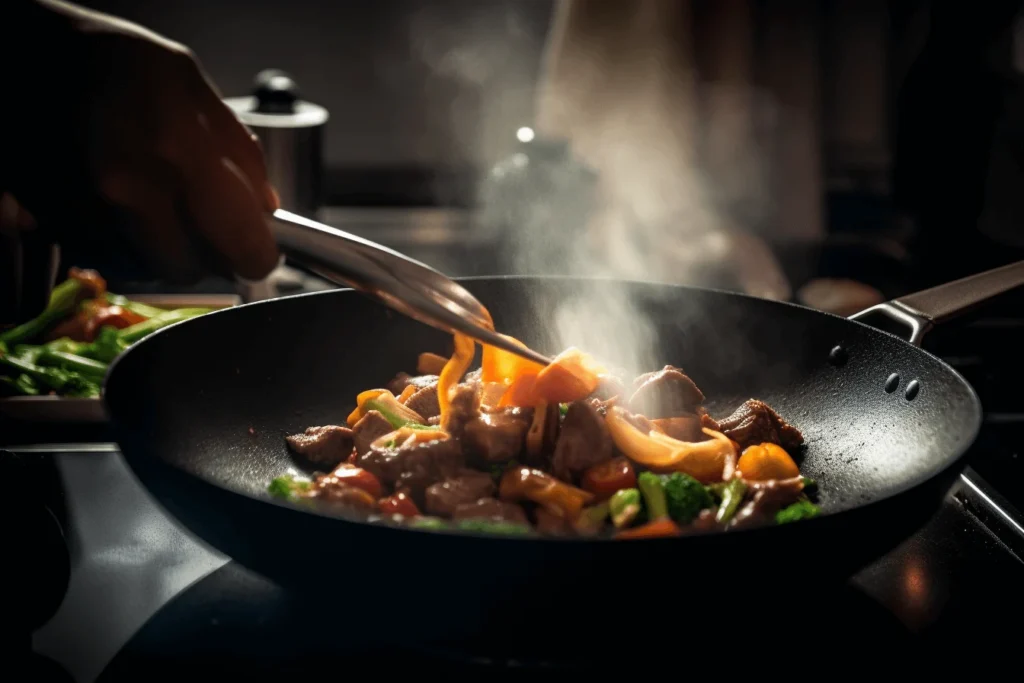 Stir-frying beef and vegetables