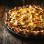 Golden-brown Pioneer Woman cheeseburger pie with melted cheddar.