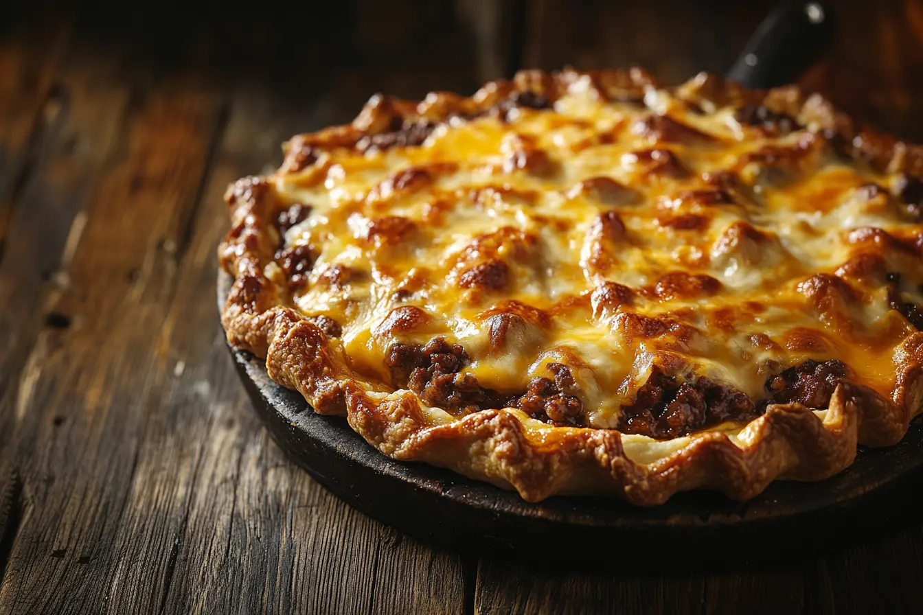 Golden-brown Pioneer Woman cheeseburger pie with melted cheddar.