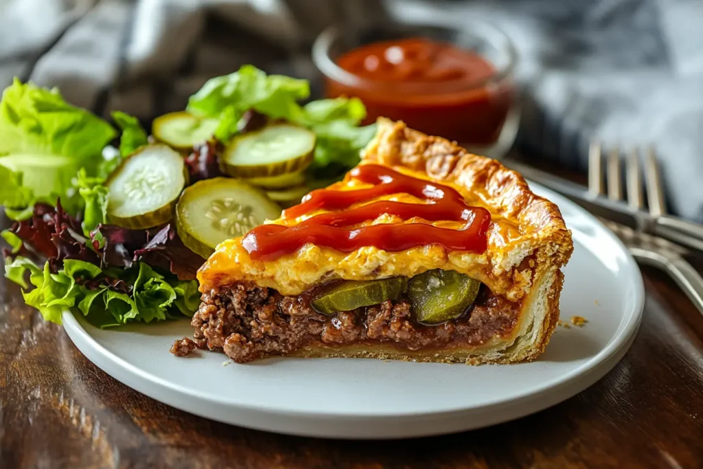 A slice of Pioneer Woman cheeseburger pie topped with ketchup and pickles.
