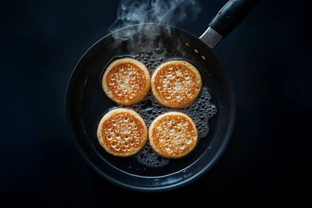 Crumpets cooking in a pan with bubbles forming.
