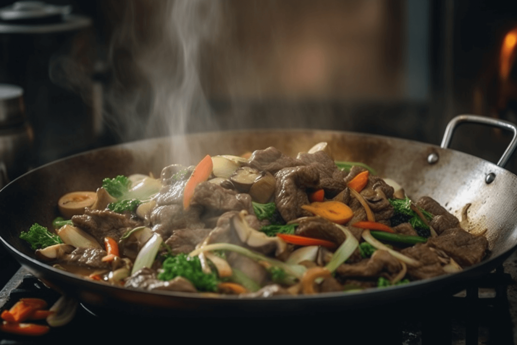 Cooking beef chop suey in a wok