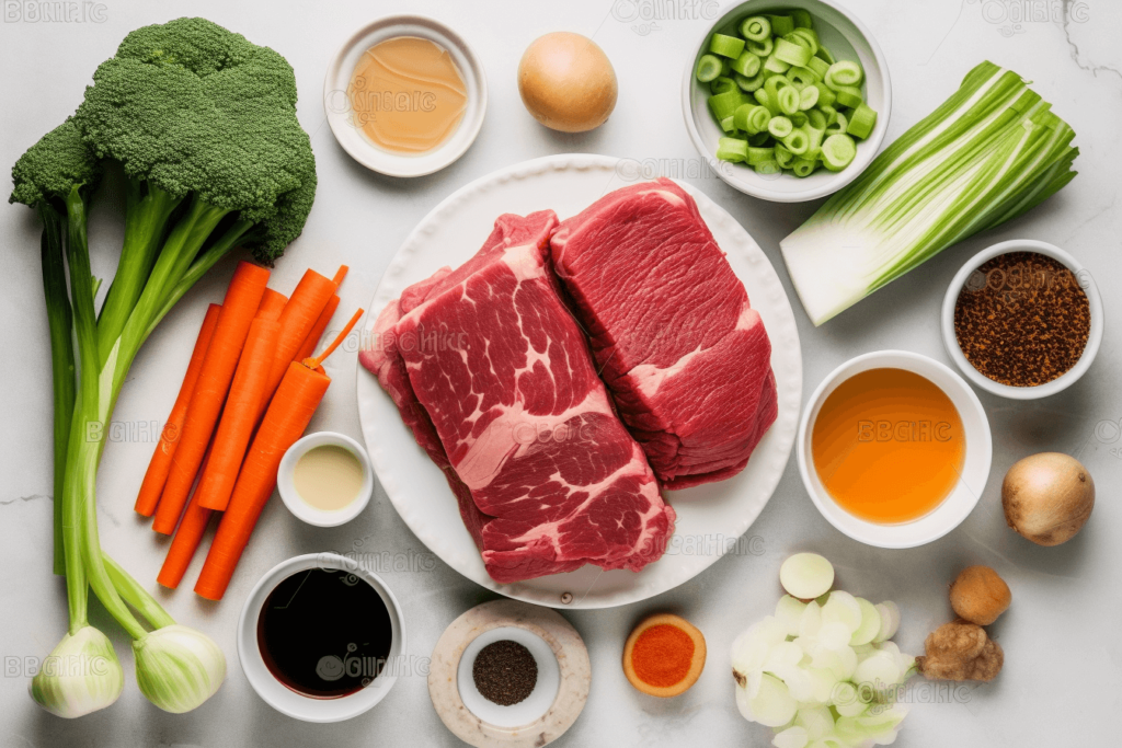 Beef chop suey ingredients prepared on a countertop