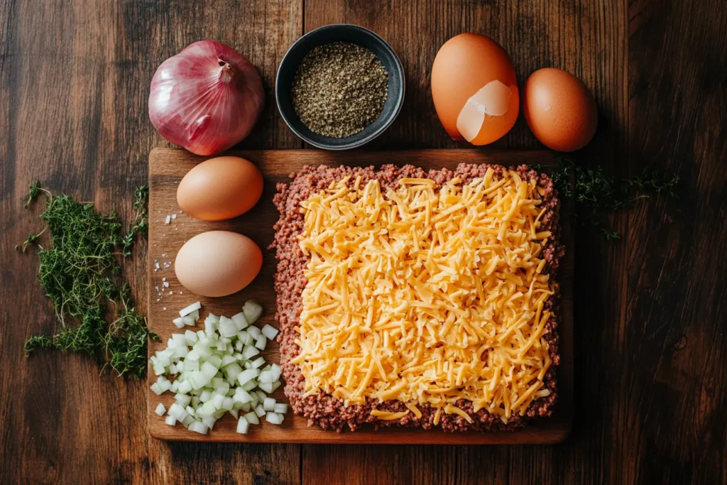 Ingredients for Pioneer Woman cheeseburger pie laid out on a countertop.
