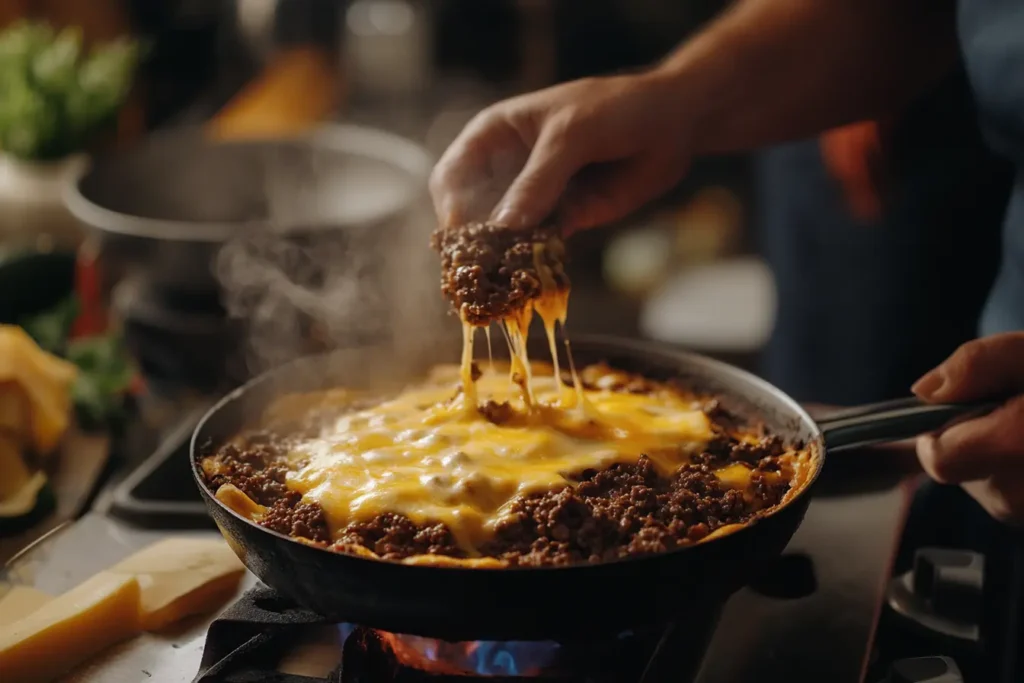 Step-by-step cooking process of Pioneer Woman cheeseburger pie.