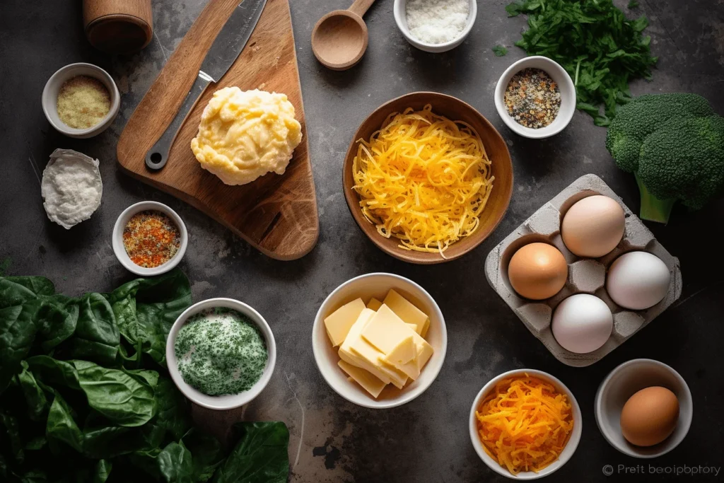  Ingredients for making egg muffins including eggs, cheese, and veggies